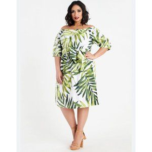 Ashley Stewart Womens Palm Leaf Off Shoulder Puff Sleeve Dress Plus Size 26 new